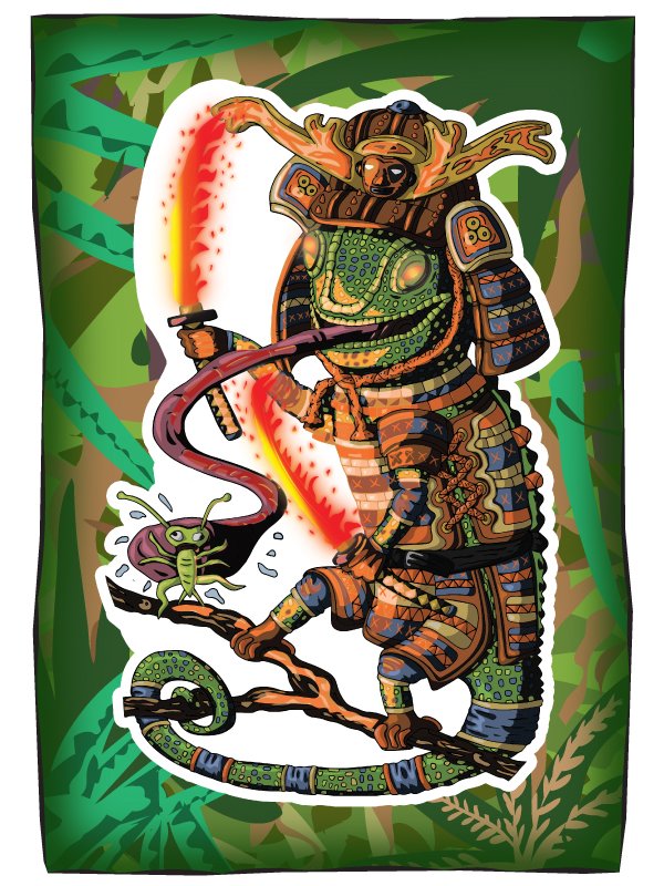 Un cameleon samourai avec katanas en feu