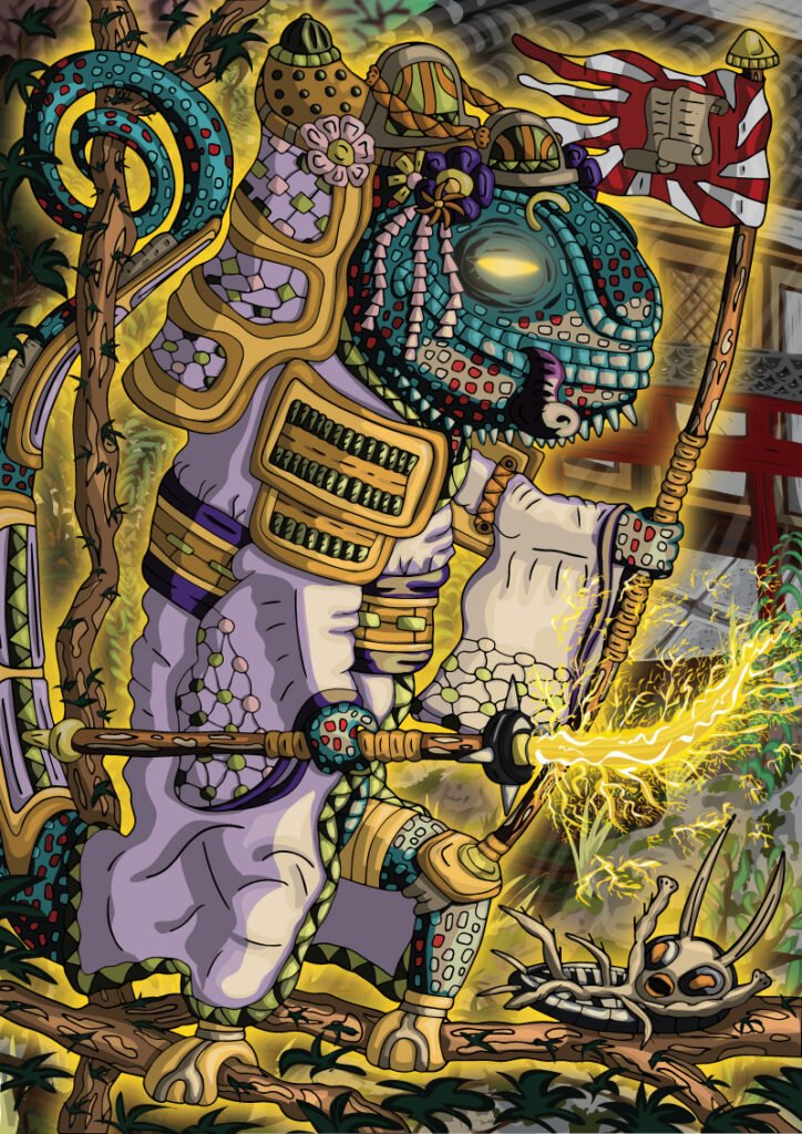 un cameleon avec arme et eclair