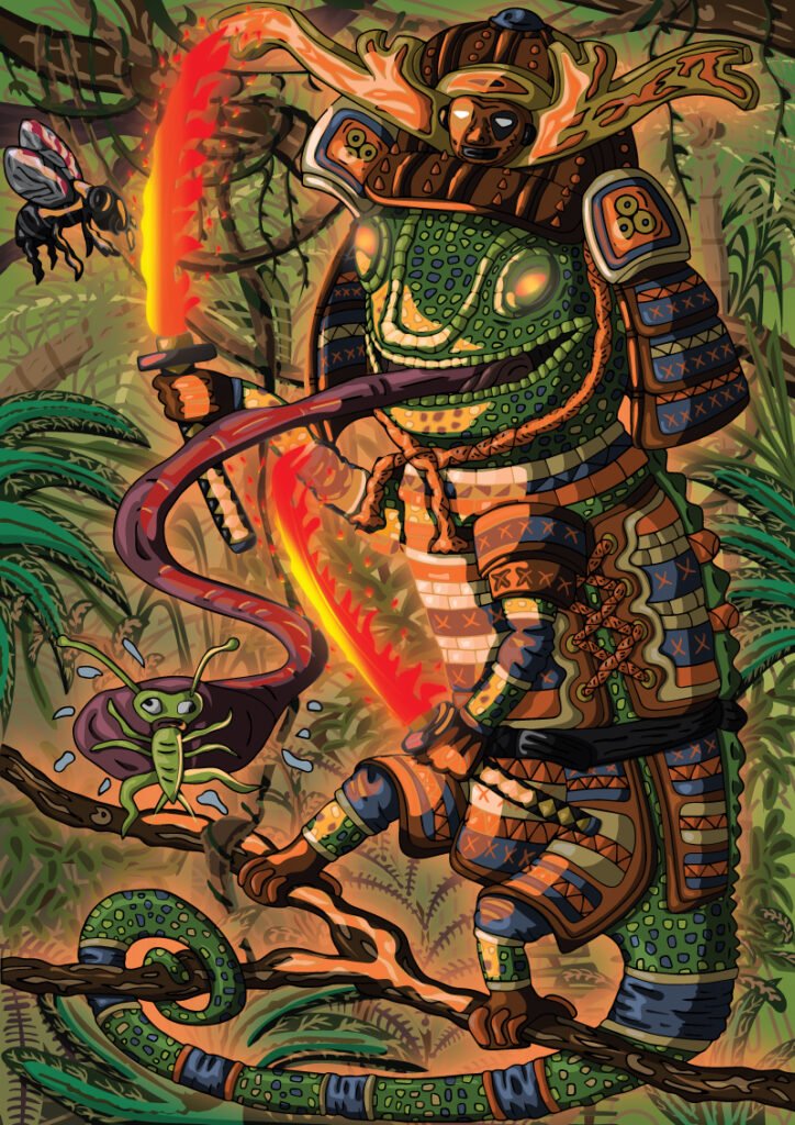 un cameleon en samourai avec epee de feu