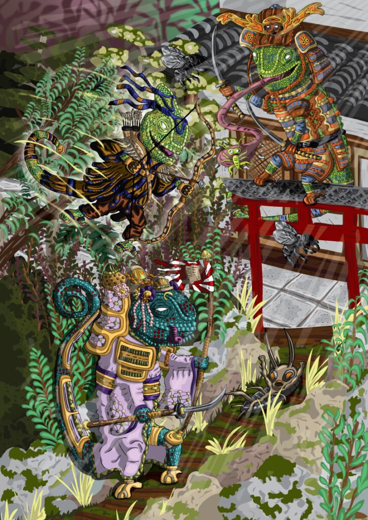 3 caméléons devant un temple et un torii