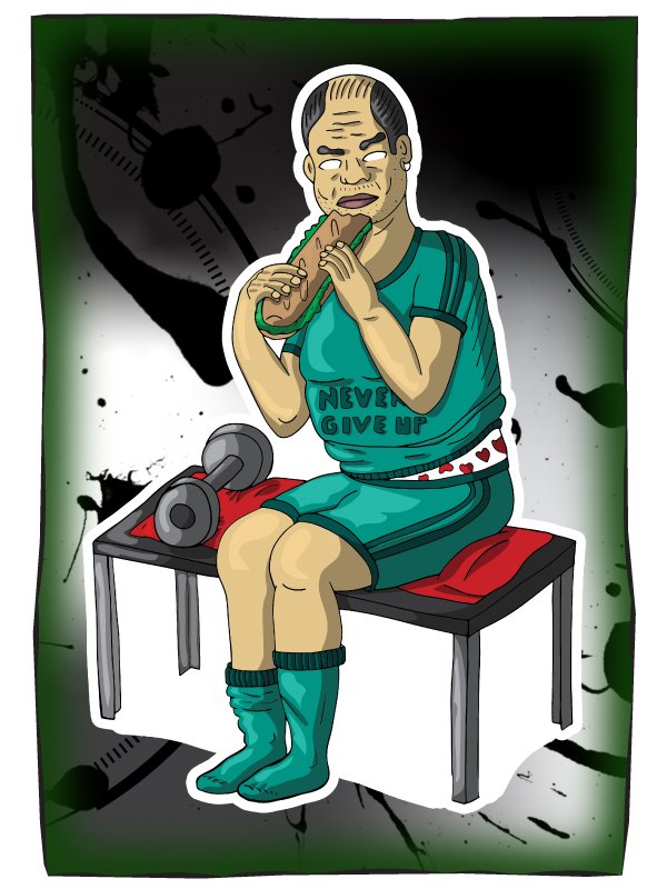 un homme sur un banc de muscu en train de manger un sandwitch