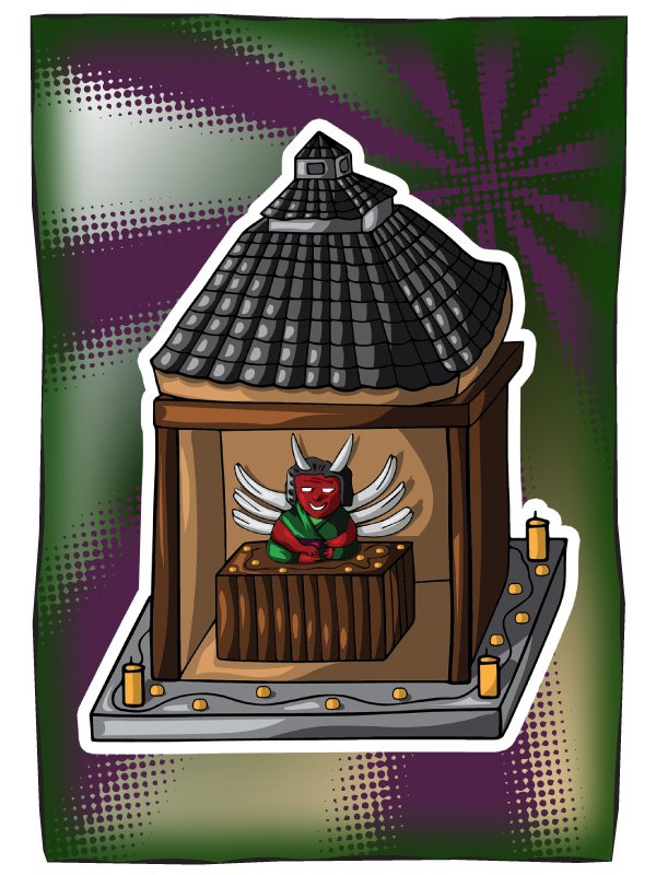 un temple avec une statut de yokai