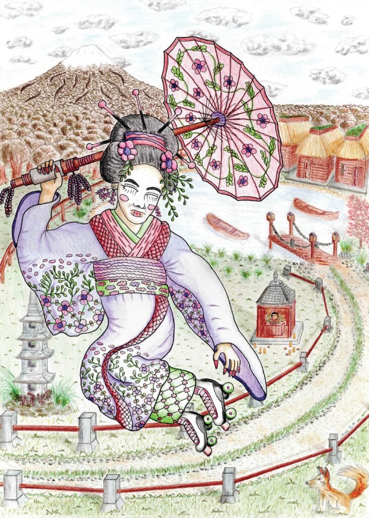 une geisha en roller avec ombrelle