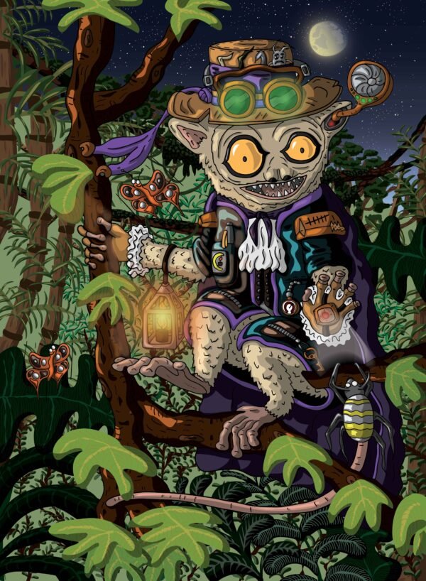 Un tarsier sur une branche avec cape et chapeau
