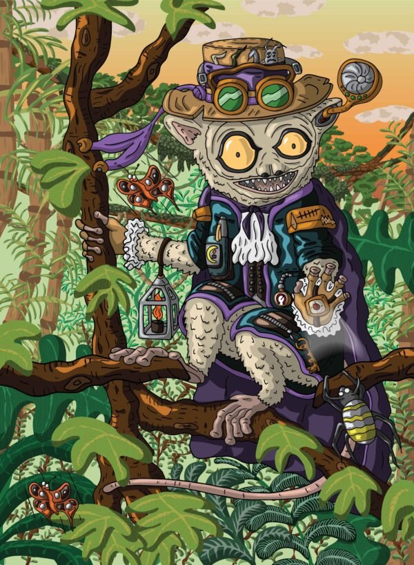 un tarsier sur une branche avec chapeau et cape